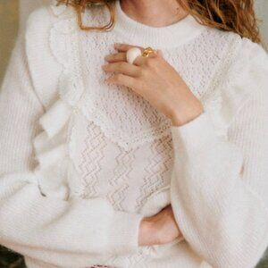 Sezane White Lace Detail Sweater
